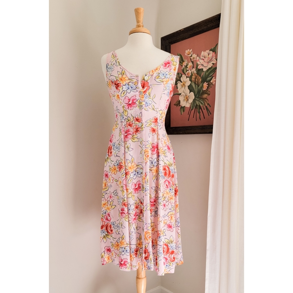 90s Pink Floral Button Front 1990s Vintage Fit & Flare Flowy Midi Length Dress - Picture 10 of 15